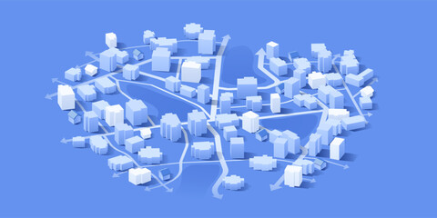Isometric 3D City Model with Traffic Flow Arrows for Urban Planning and Logistics. Vector illustration