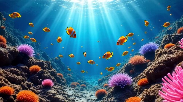 Underwater shot moving through glowing coral reefs with sunlight piercing through the surface, colorful fish swimming past the camera, ethereal atmosphere, hyper-realistic CG animation.