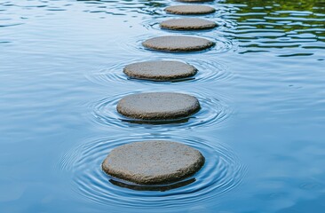 Tranquil Path of Stone Stepping Stones Over Calm Water Surface