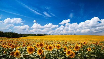 Obraz premium painted sunflower field under a bright blue sky with fluffy clouds