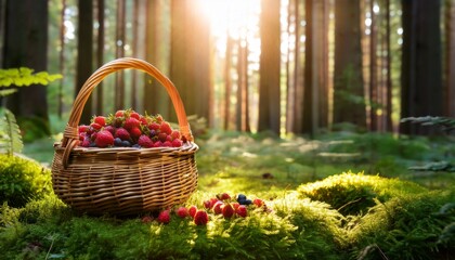a woven basket filled with ripe berries sits on lush green moss surrounded by tall trees and sunlit woods creating a peaceful atmosphere