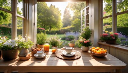 cozy breakfast nook with natural light and serene garden view