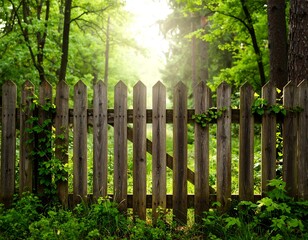 Wooden fence gate in a lush forest. Sunlight streams through trees