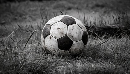 weathered soccer ball rests on grass monochrome