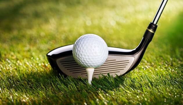 golf ball on tee with golf club on green grass close up