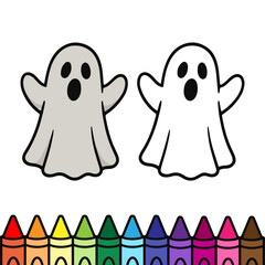 Obraz premium Cute ghost coloring page illustration featuring a spooky cartoon ghost with arms raised. Perfect for Halloween crafts, kids activities, and fun coloring sheets with a friendly ghost design