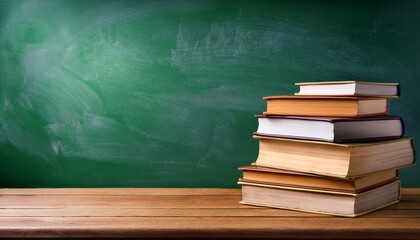 stack of books on wooden table in a classroom green chalkboard in the background