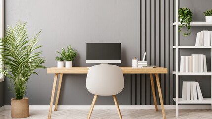 Modern Minimalist Home Office with Stylish Desk and Green Plants
