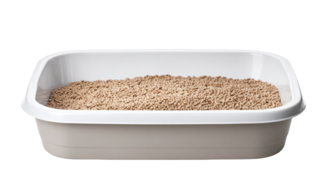 Rectangular, light beige plastic litter box filled with light brown granular litter