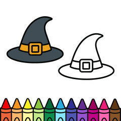 Cute witch hat coloring page with black outline and colored version, perfect for kids’ Halloween activities. Includes a color palette of crayons for fun and easy coloring practice.
