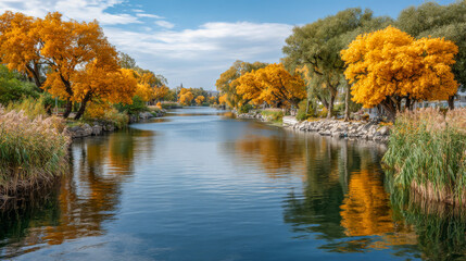 Scenic river surrounded by vibrant autumn trees with golden leaves reflecting in the calm water, creating a serene and picturesque natural landscape