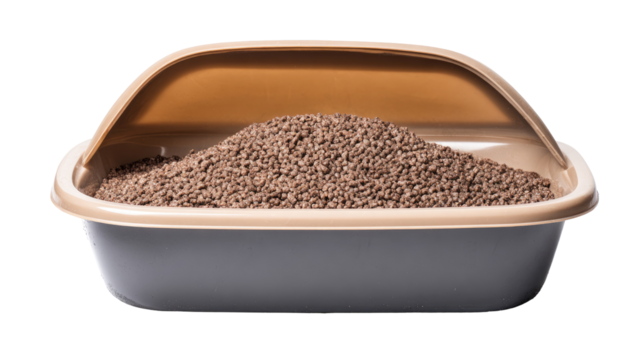 A light taupe-colored cat litter box filled with brown litter