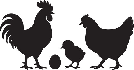Rooster hen chick and egg silhouette poultry vector illustration