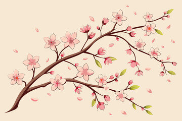 Artistic illustration of blooming cherry blossom branches with delicate pink petals and a soft beige background