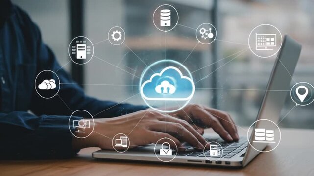 Cloud Computing and Data Integration Concept with Digital Overlay on Laptop in Office Setting