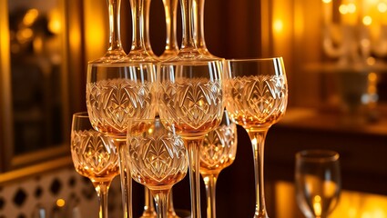 A close up of a pyramid of crystal wine glasses with a warm golden background in soft focus light