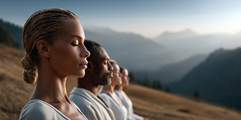 Serene group meditation outdoors, diverse people practicing mindfulness in nature, peaceful mountain landscape at sunrise