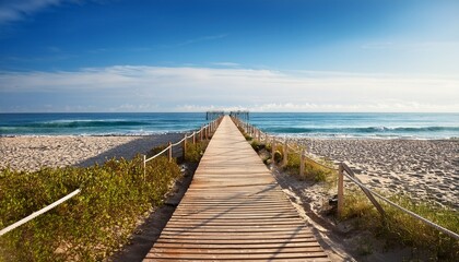 wooden boardwalk or walkway to sea on beach summer outdoor pier path way to water