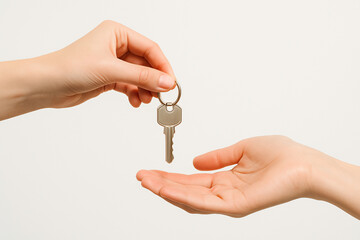 Close-up of two hands passing a silver house key on a ring over a clean white background. Bright soft light, minimal style, unbranded, large copy space.