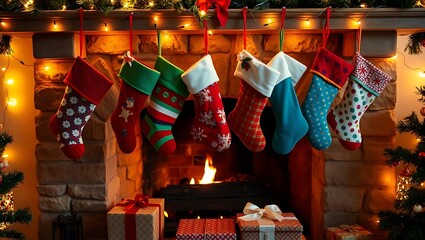 Festive christmas stockings hanging above a warm fireplace with presents and christmas tree nearby