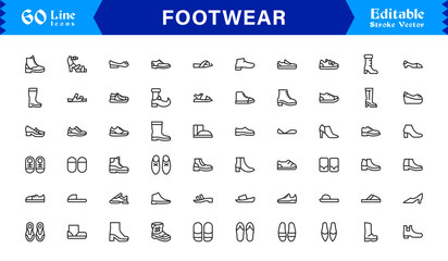Footwear And Shoe Fashion Line Icon Set – Professional, Minimal, Editable, And Pixel Perfect Outline Symbols