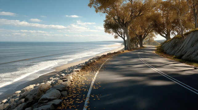 Winding coastal road autumn trees ocean view blue sky scenic landscape peaceful sunlight empty road travel nature