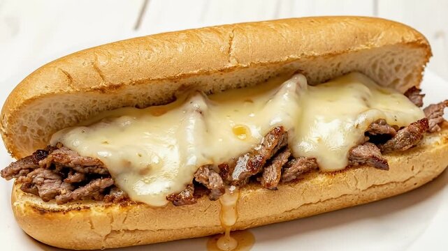 A steak sandwich loaded with melted cheese sits on a white plate against a neutral wood background