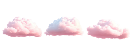 Three Pink Clouds Isolated Against a Transparent Background Displaying Soft Texture and Dreamy Appearance