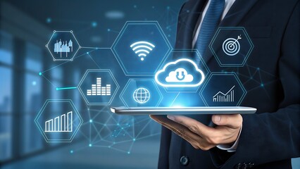 businessman holding tablet with social network icons