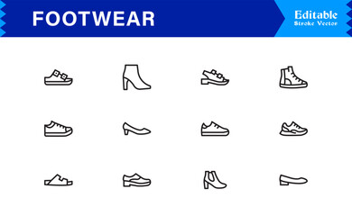 Footwear And Shoe Fashion Line Icon Set – Professional, Minimal, Editable, And Pixel Perfect Outline Symbols