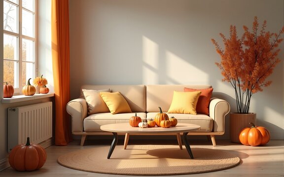 Classic living room with sofa and table decorated with pumpkins and flowers for thanksgiving day. AI Generative. High quality