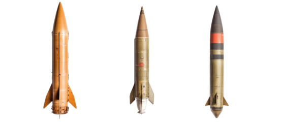 Three Military Rockets Displayed Against Black Background Demonstrating Various Designs and Color Schemes