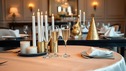 Elegant table setting with champagne glasses candles and festive gold party hat centerpiece for celebration