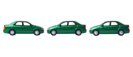 Side View Of Three Green Sedans On Transparent Background