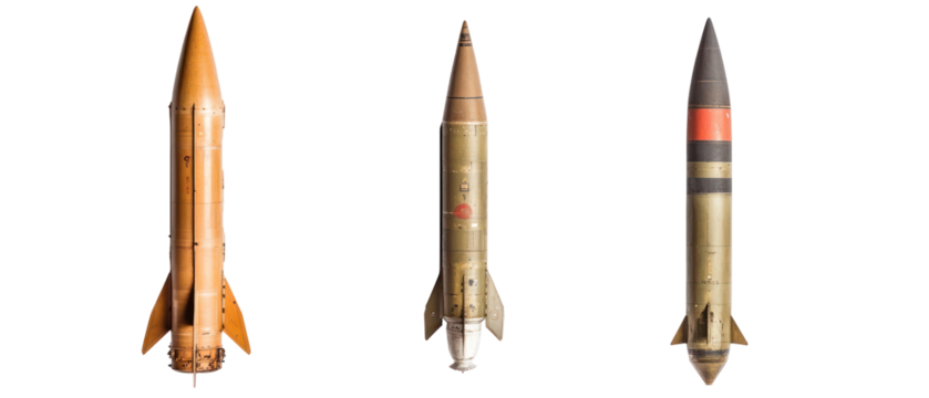 Three Military Rockets Displayed Against Black Background Demonstrating Various Designs and Color Schemes