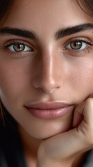 Beautiful woman face brown eyes thick eyebrows natural makeup smooth skin freckles closeup soft lighting serene expression