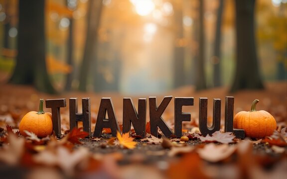 Thankful message in wooden letters Thanksgiving theme on a fall forest background. High quality