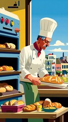 A Baker Pulling Freshly Baked Bread from the Oven in a Vibrant Bakery Setting