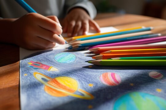 Colored pencil child drawing of space with planets, rockets, and stars. Creativity, imagination, and curiosity about the universe. Kid dreams of the future, aspirations, and limitless possibilities.