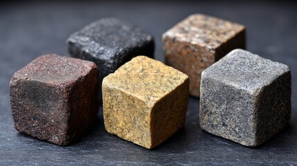 Various natural stone cubes displaying unique textures and colors in an isolated setting