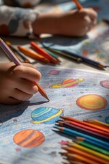 Naklejka premium Colored pencil child drawing of space with planets, rockets, and stars. Creativity, imagination, and curiosity about the universe. Kid dreams of the future, aspirations, and limitless possibilities.