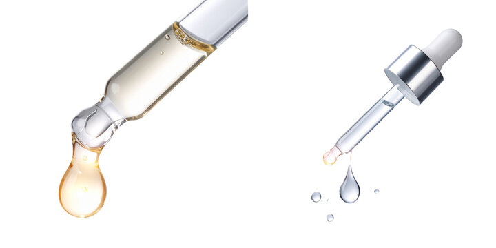 Two Transparent Droppers Dispensing Golden And Clear Serum Drops Against Transparent Background