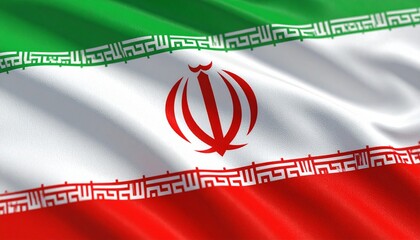 "Iranian flag with green, white, and red horizontal stripes, central tulip-shaped emblem of Allah, and Kufic script repeating 'Allah Akbar' along the borders."