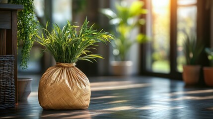 Fototapeta premium Potted Houseplant on Wood Floor with Natural Light