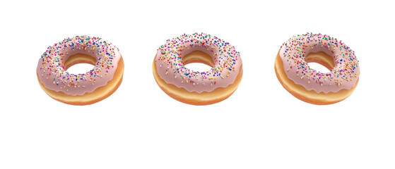 Three Donuts with Pink Icing and Colorful Sprinkles Isolated on a Transparent Background
