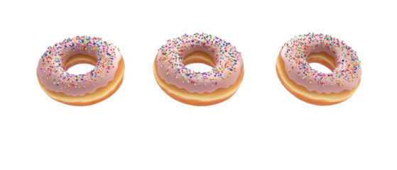 Three Donuts with Pink Icing and Colorful Sprinkles Isolated on a Transparent Background