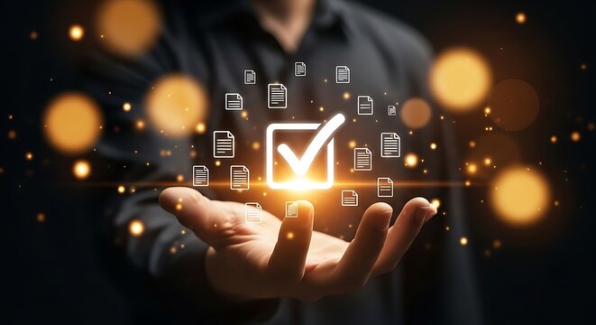 Elegant glowing checklist floating above open hand, perfect for showcasing approval and completion concepts