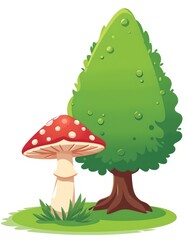 cartoon of a mushroom growing beside a bush, isolated on white background