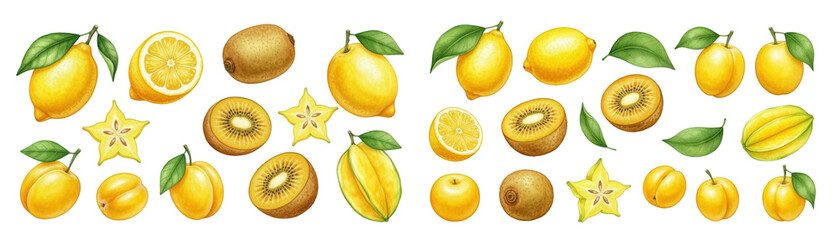 A vibrant collection of yellow fruits including lemons, kiwis, and starfruits, surrounded by green leaves.