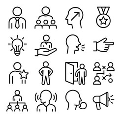 Linear business icon set featuring leadership, growth, medal, idea, teamwork, and marketing symbols